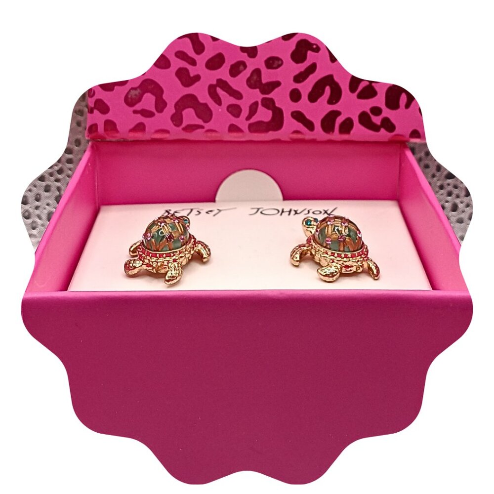 Betsey Johnson Stud Gold Tone Turtle Earrings w/Raised Green shell, & pink. - Picture 5 of 12